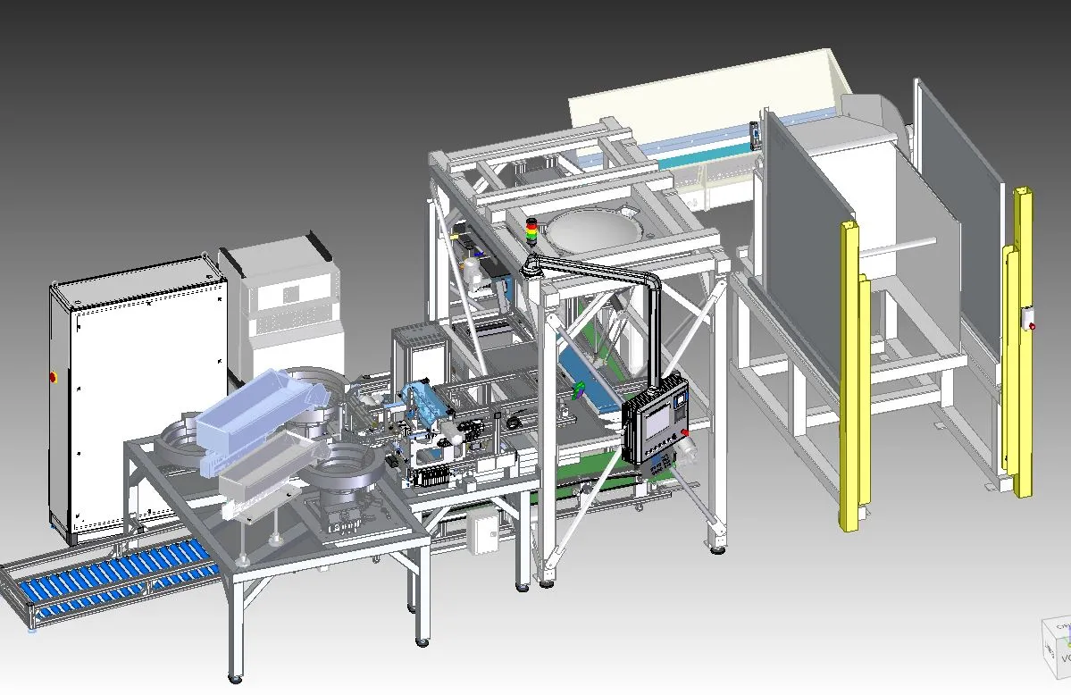 Alimentazione automatica di materiale di massa, separazione, posizionamento da robot, controllo di qualità e imballaggio